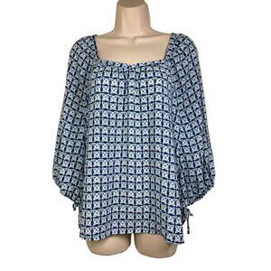 Banana Republic Boho Blouse Blue Geo Print 3/4 Drawstring Sleeve XS Bust 37"